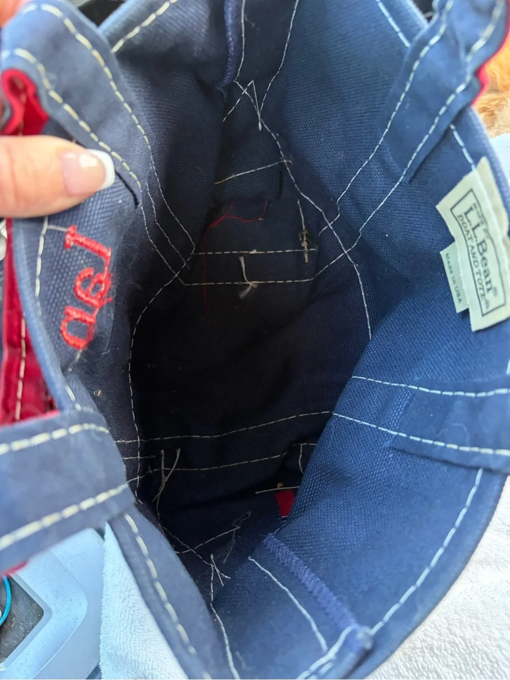 L.L. Bean Navy and Red Personalized “Ian” mini Boat & Tote with Boy Embroidery